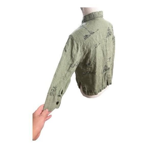 Chico's Sage Green Linen Monkey Print Button-Up Shirt Size 0 (4) Slit 3/4-Sleeve - Picture 7 of 13